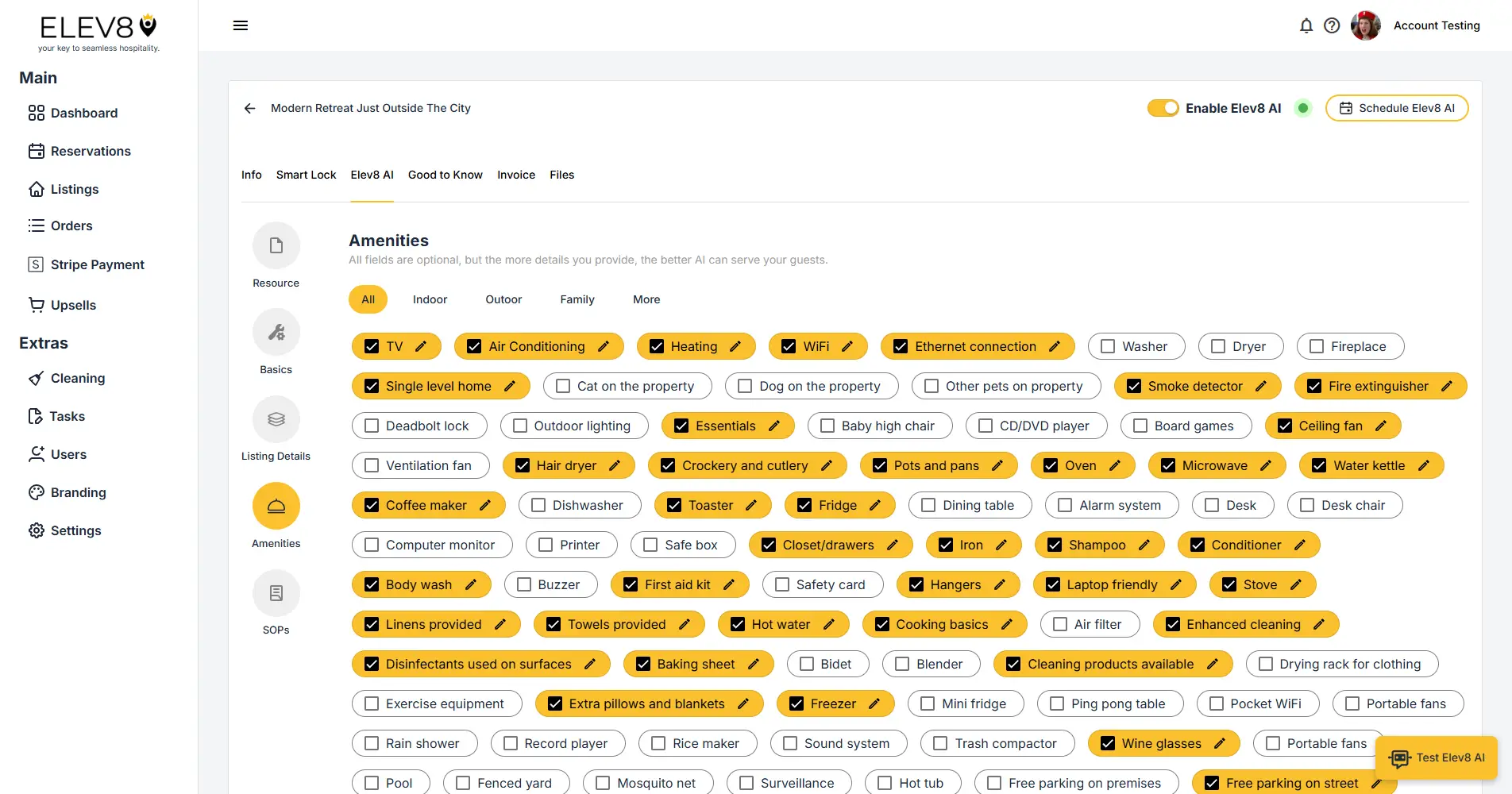 ELEV8 AI tab for Modern Retreat Just Outside The City listing showing amenities selection.