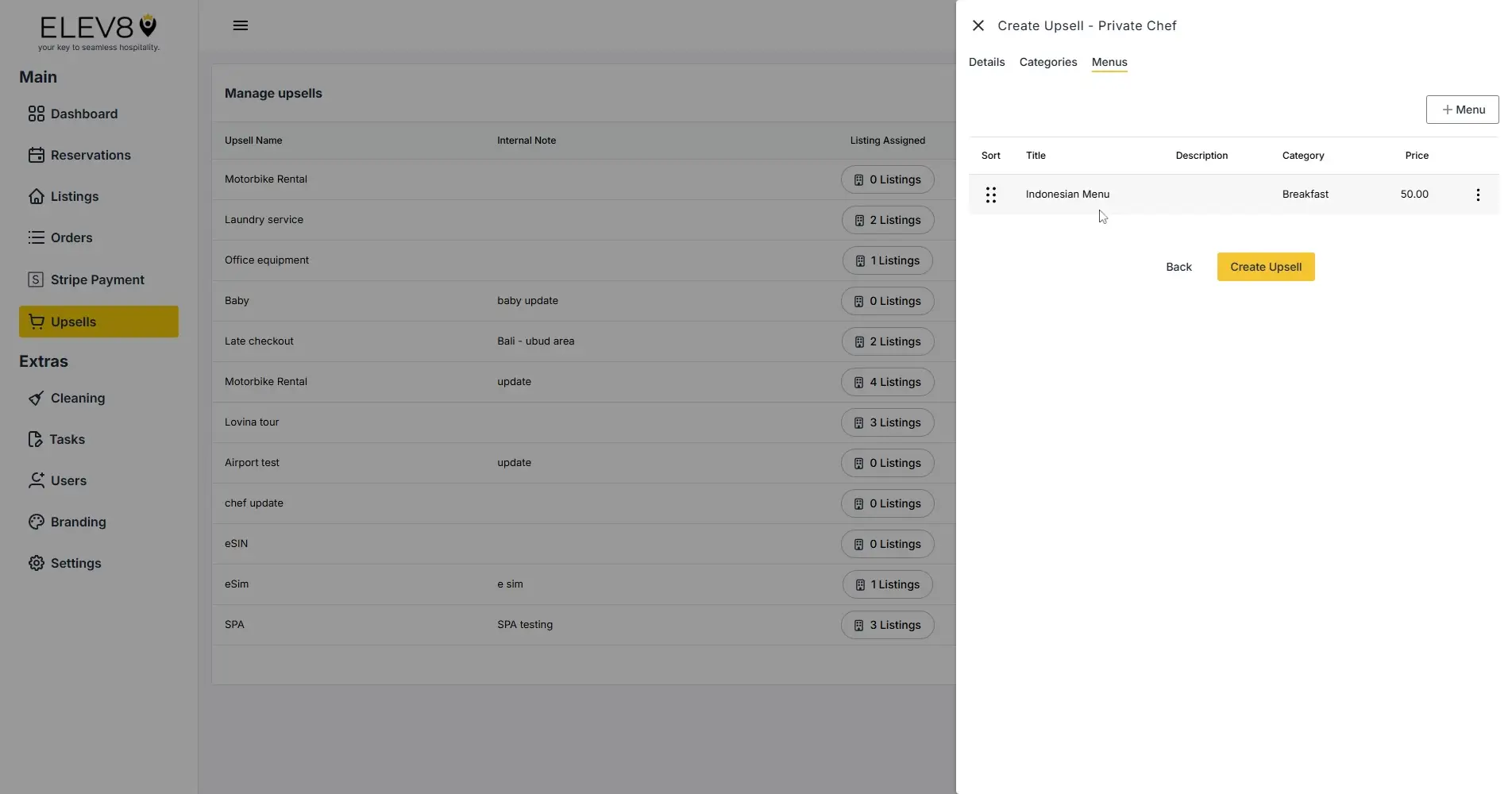 ELEV8 platform Manage Upsells and Create Upsell interface