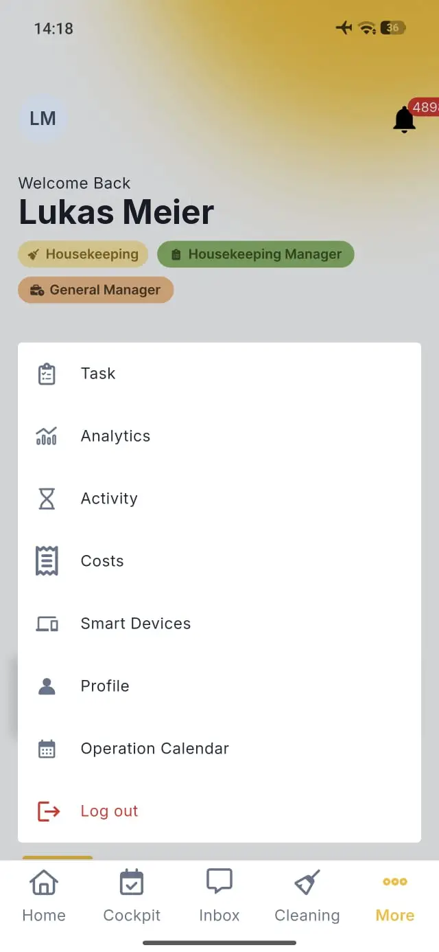 Elev8 Go mobile app main menu screen with user roles and navigation options.