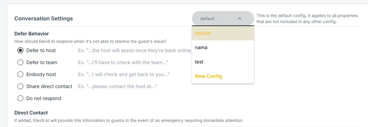 ELEV8 AI Conversation Settings page showing Defer Behavior options and configuration dropdown.