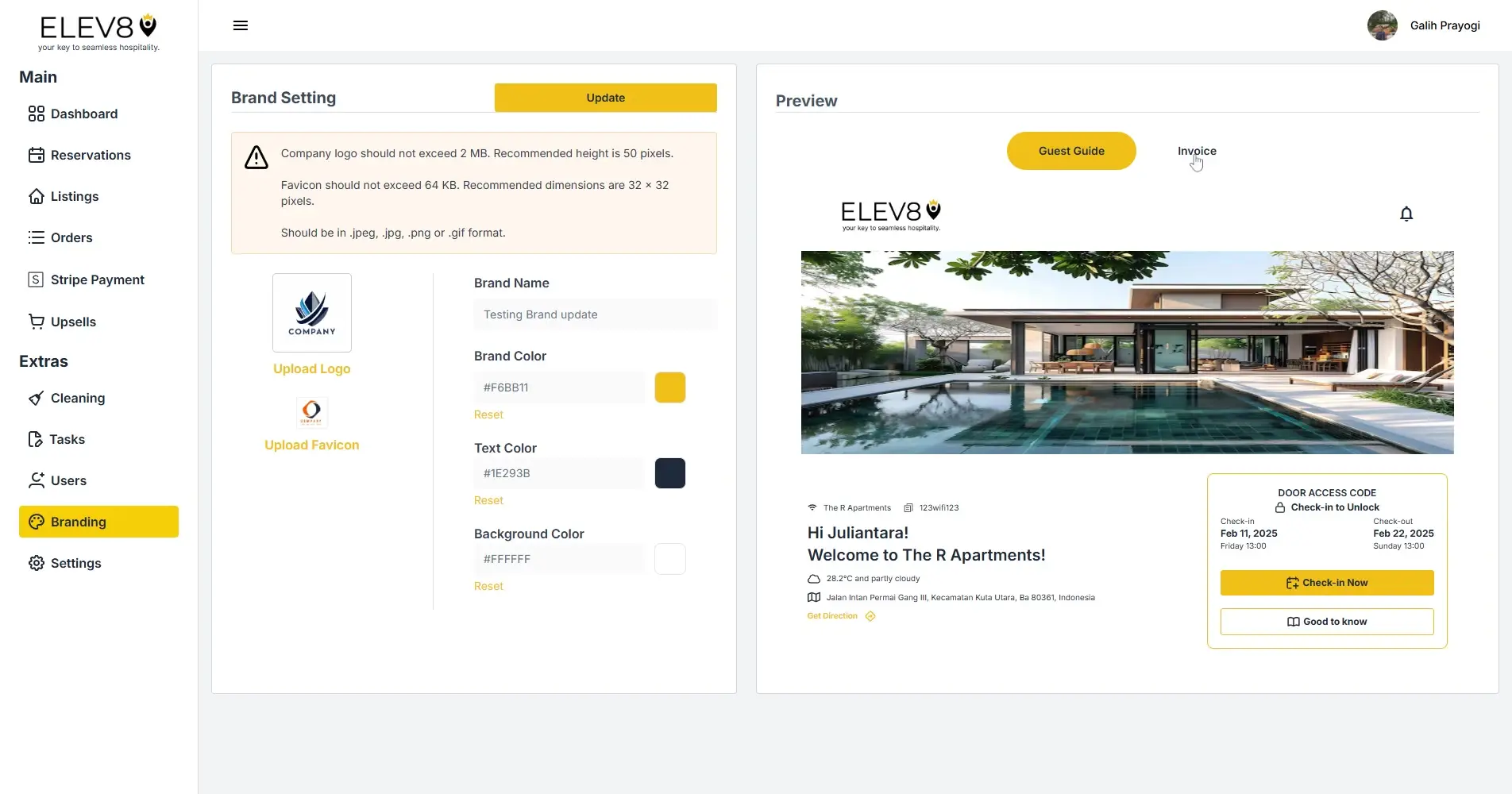 ELEV8 Branding settings page with brand customization options and preview.