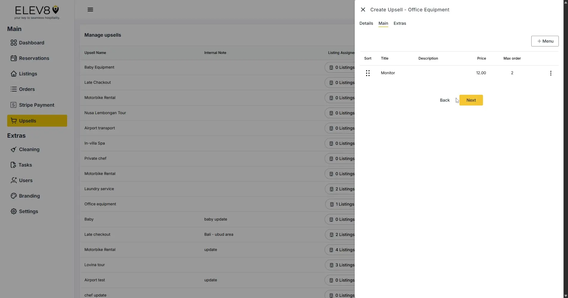 ELEV8 platform Manage Upsells and Create Upsell screen