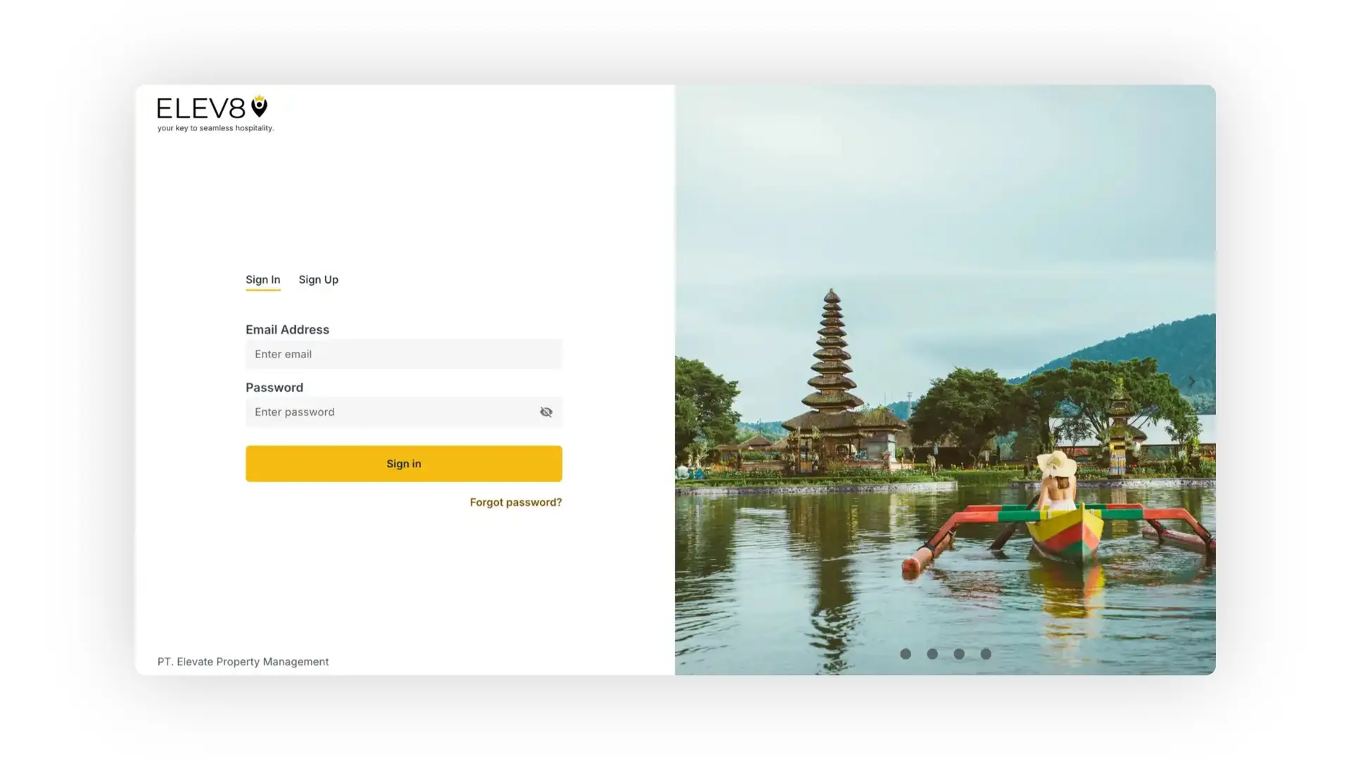 ELEV8 login screen with email and password fields, sign in button, and scenic image.