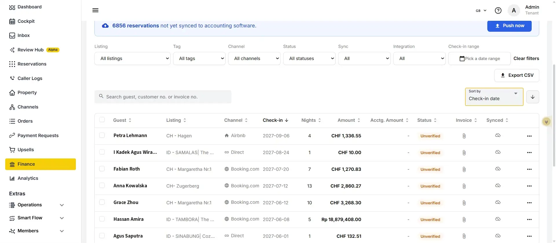 ELEV8 Finance section showing unsynced reservations and revenue details with filters and export options.