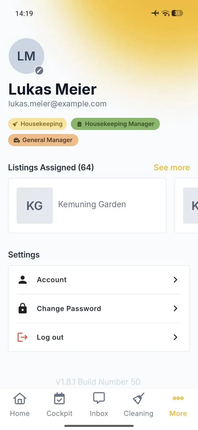 Elev8 Go app profile page showing user Lukas Meier's information and settings options.