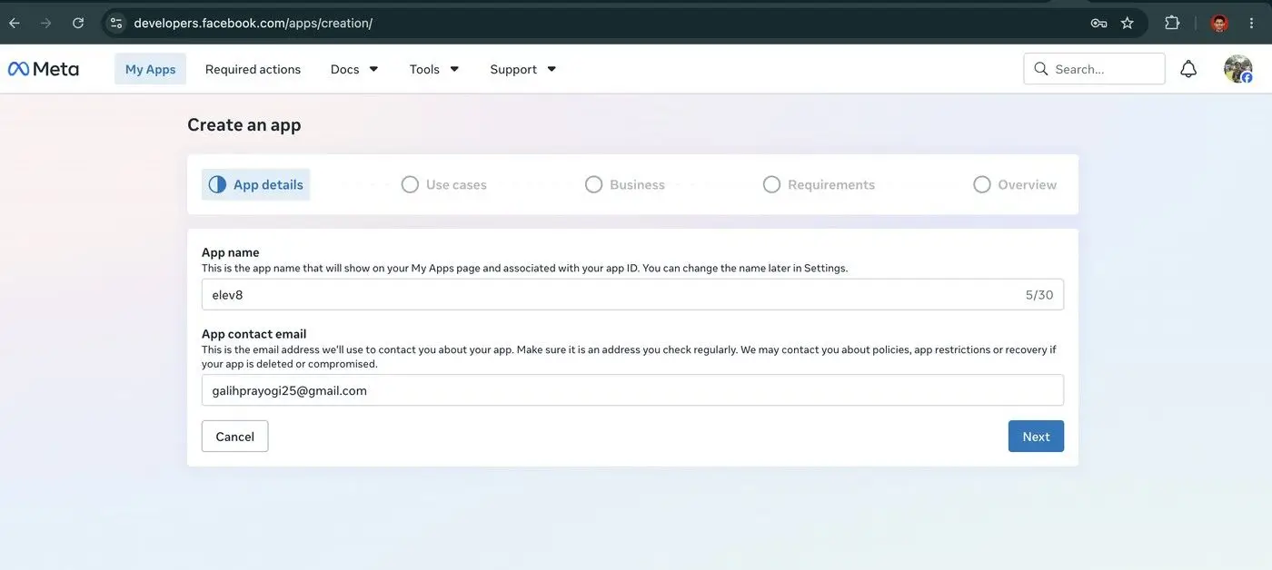 The user is creating a new app on the Meta for Developers platform. They have entered 'elev8' as the app name and 'galihprayogi25@gmail.com' as the app contact email.