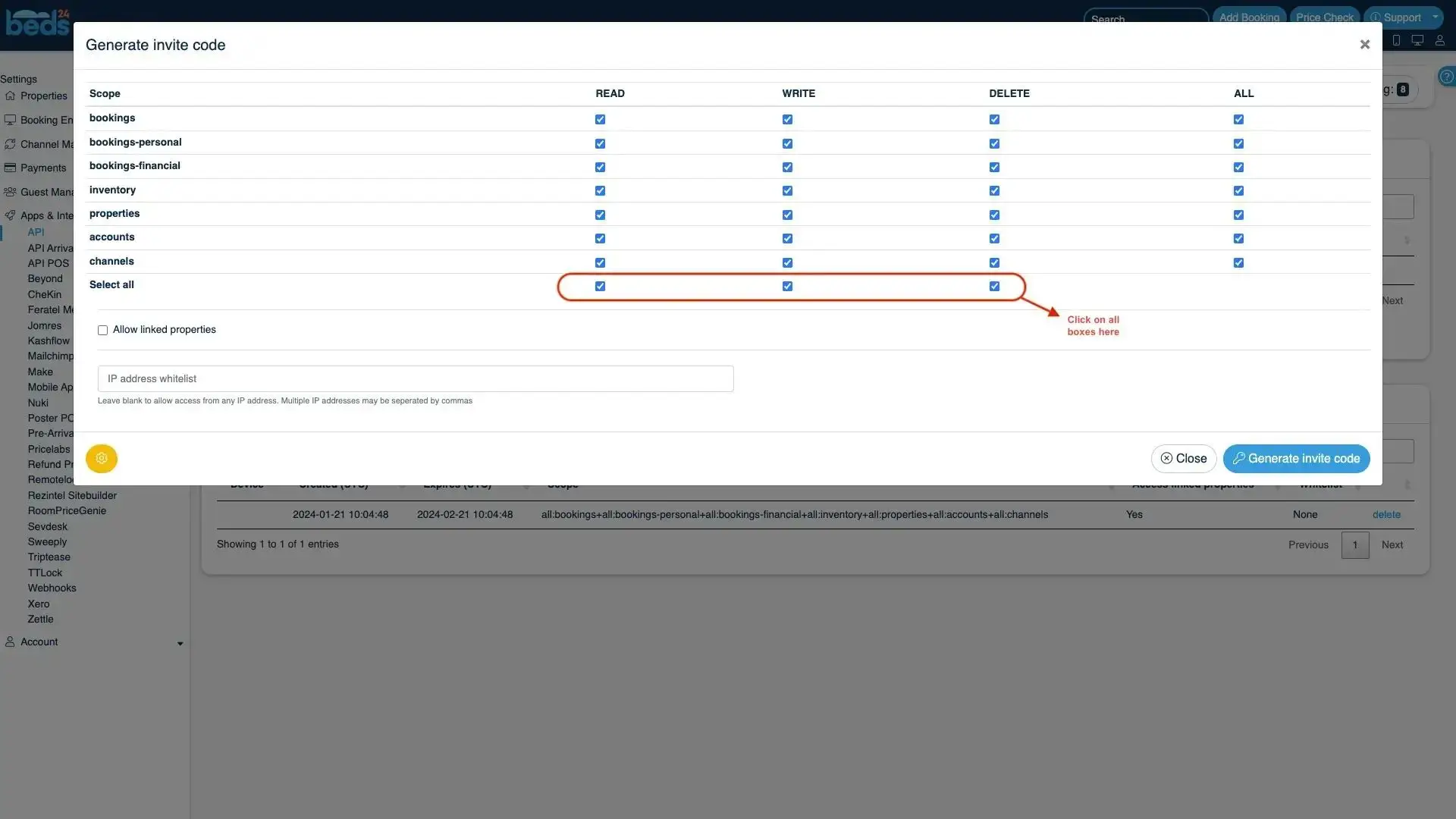 Beds24 Generate invite code interface with permissions table and options for IP address whitelist and linked properties.