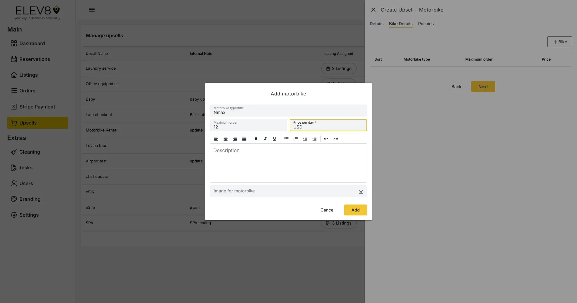 ELEV8 platform - Add motorbike upsell screen under Create Upsell - Motorbike section.
