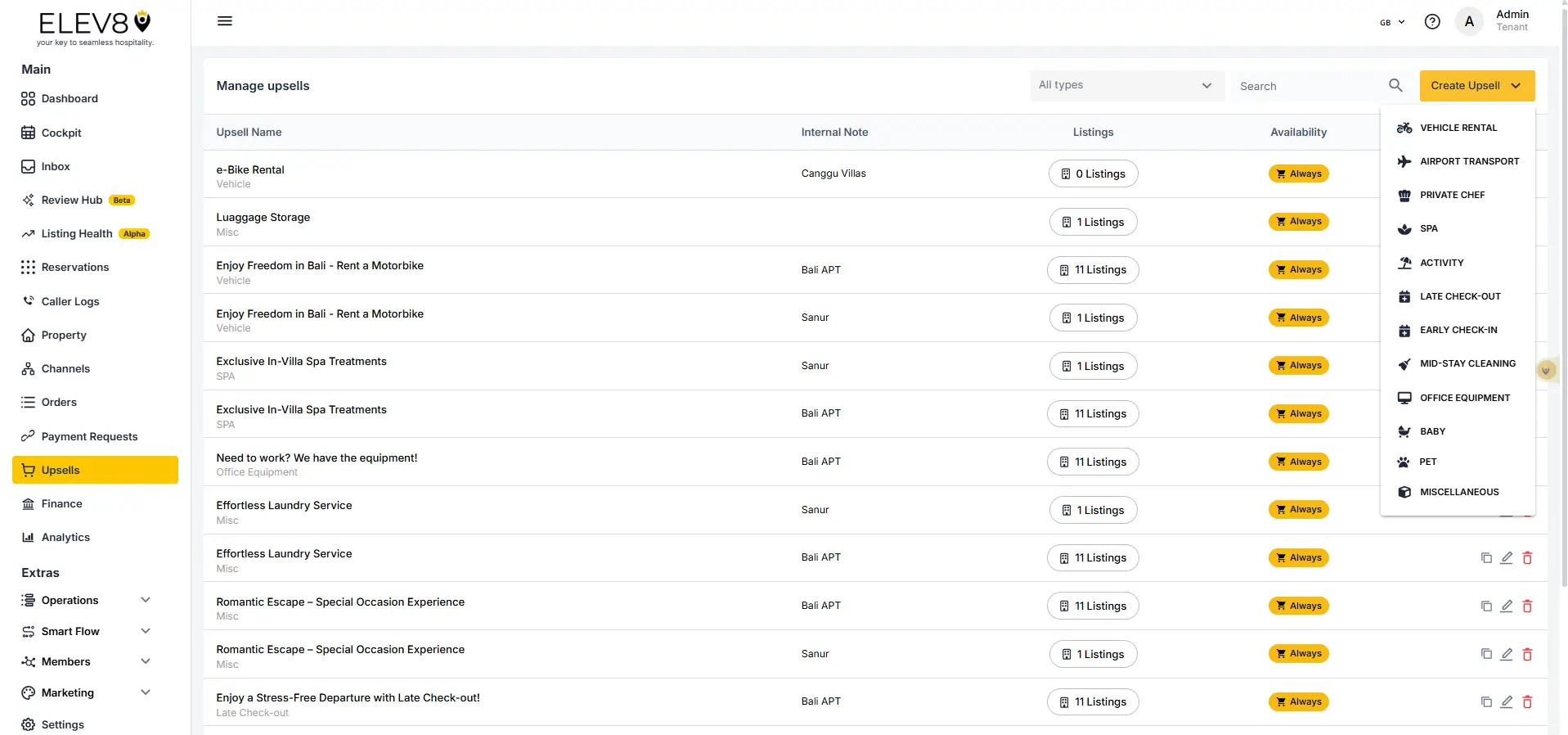 ELEV8 Manage Upsells page with sidebar navigation and upsell management table.