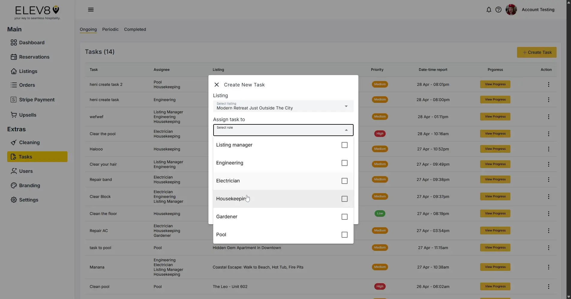 ELEV8 platform Tasks section with Create New Task modal open.