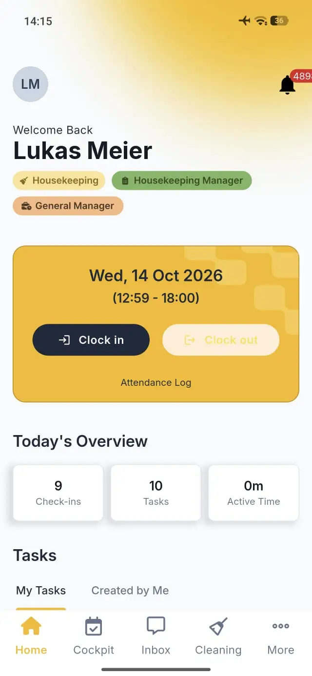 Elev8 Go app home screen showing attendance and task management features for Lukas Meier.