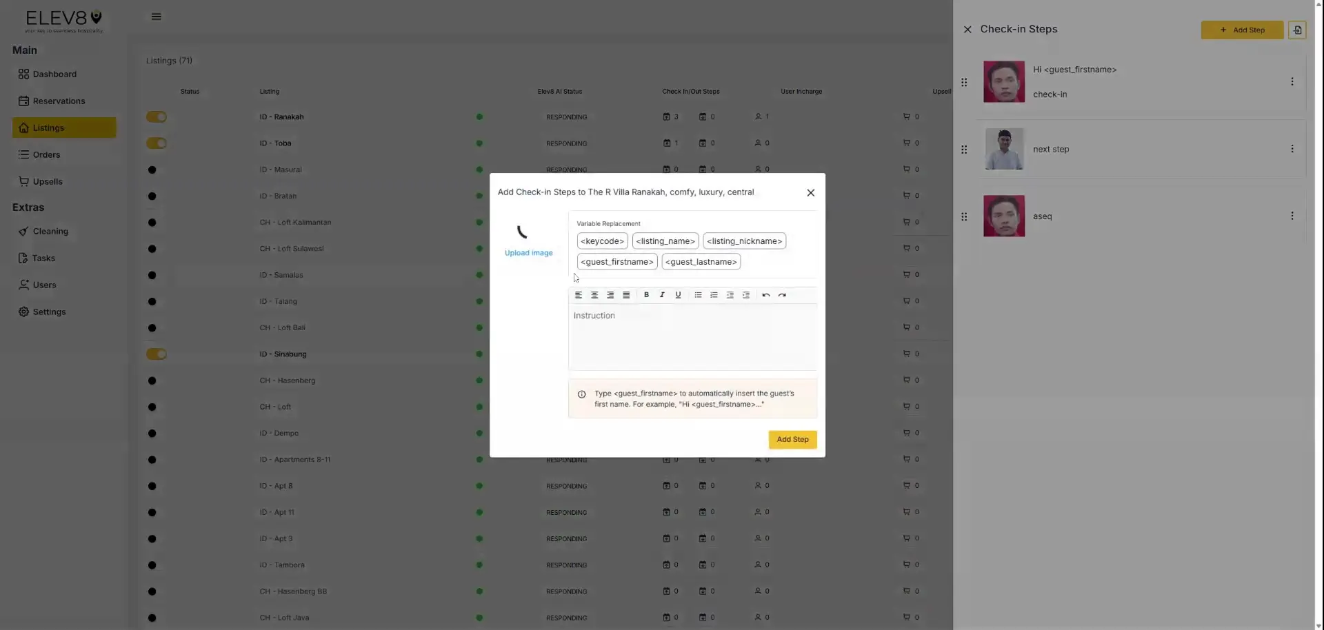 ELEV8 Listings section with Add Check-in Steps pop-up for The R Villa Ranakah.