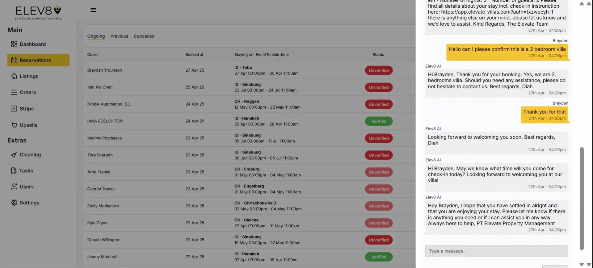 ELEV8 platform Reservations section showing ongoing bookings and chat interface.