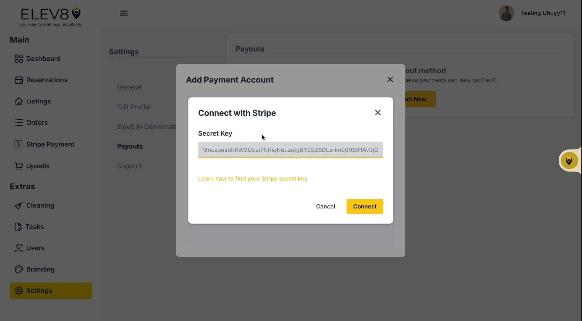 ELEV8 platform settings screen showing 'Add Payment Account' dialog for connecting with Stripe.