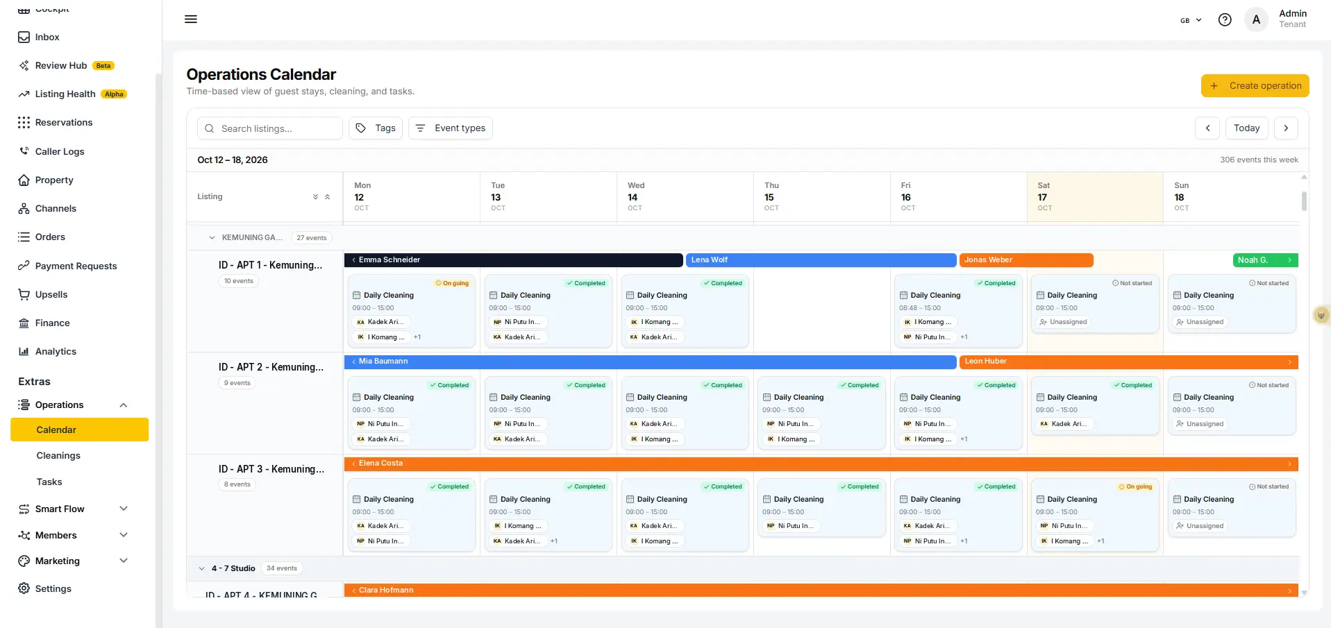 ELEV8 Operations Calendar screen showing scheduled cleaning tasks for October 12-18, 2026.