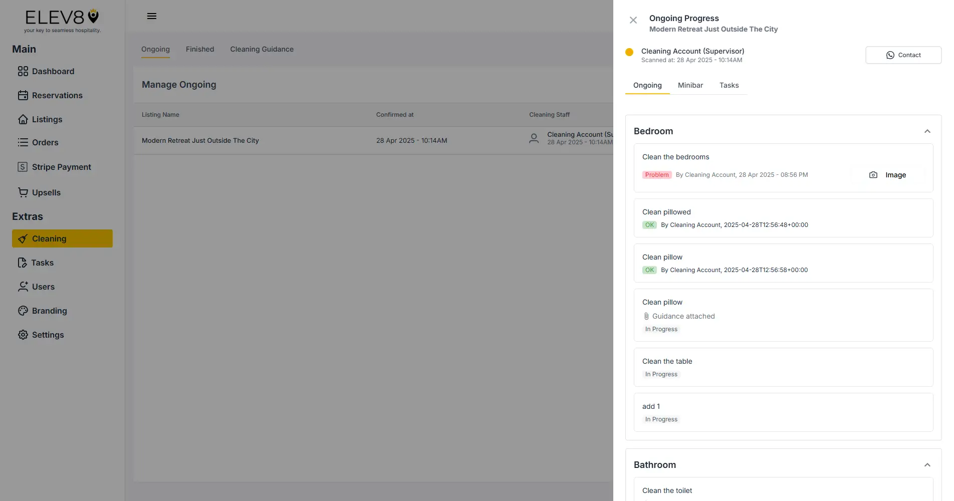 ELEV8 Cleaning Ongoing Progress screen showing tasks for Modern Retreat Just Outside The City.