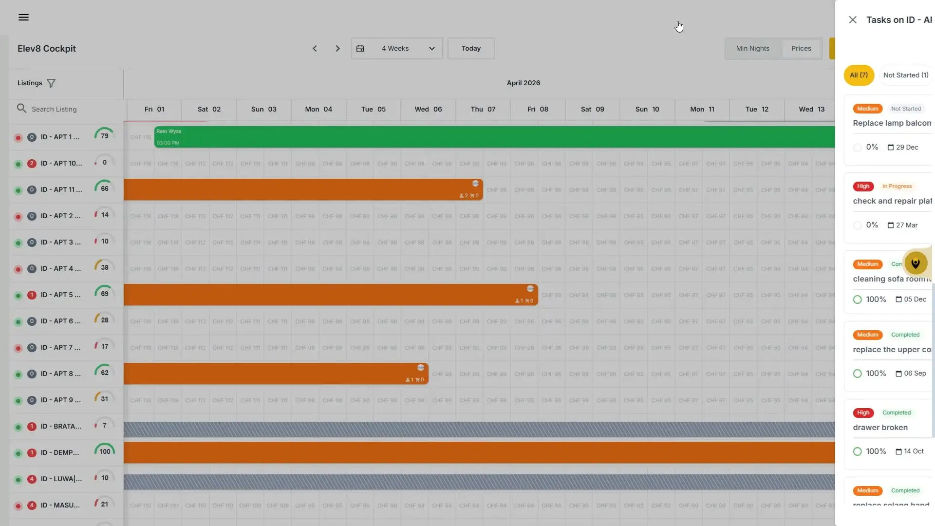 The ELEV8 Cockpit displays a calendar view of apartment bookings and associated tasks. Users can see daily rates, booking statuses, and task progress for each listing.