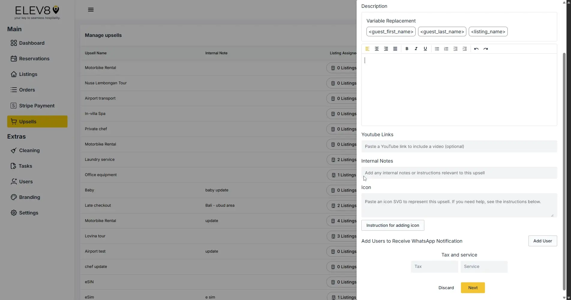 ELEV8 platform upsells management screen with description panel