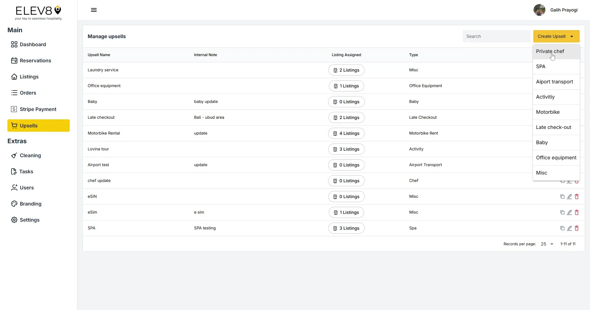 ELEV8 platform Manage upsells page showing a list of upsell options with details and a Create Upsell dropdown menu.