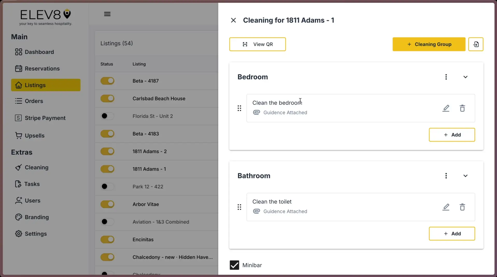ELEV8 application interface showing cleaning tasks for 1811 Adams - 1 with sidebar menu and task details.