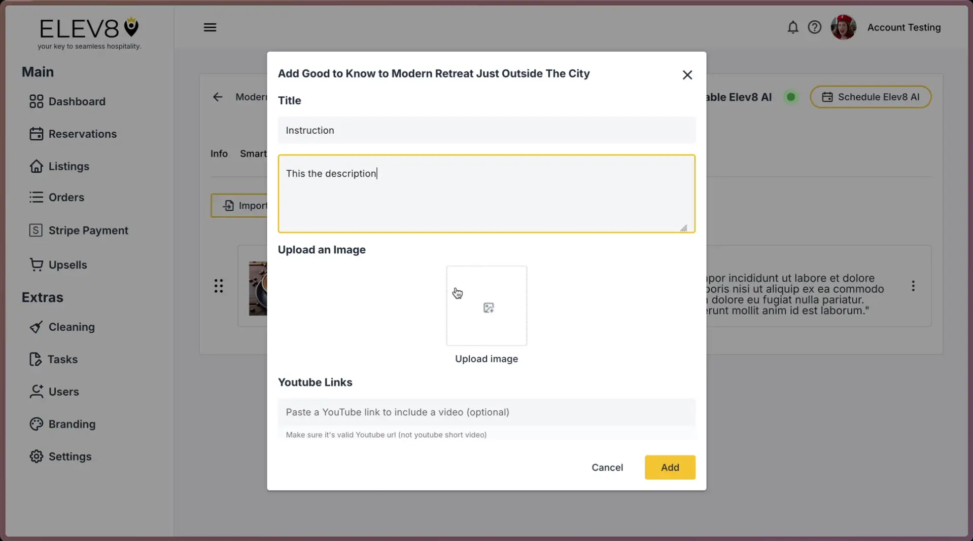 ELEV8 platform pop-up for adding information to a listing.
