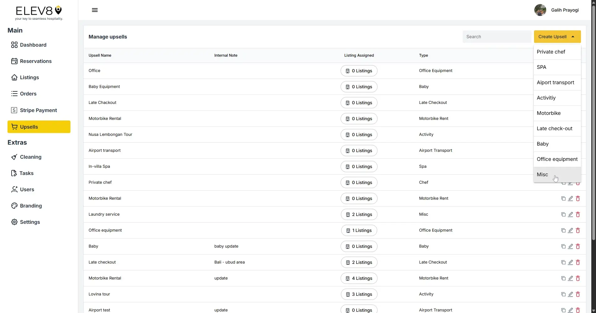 ELEV8 platform Manage upsells screen showing a list of upsell items with options to create new upsells.