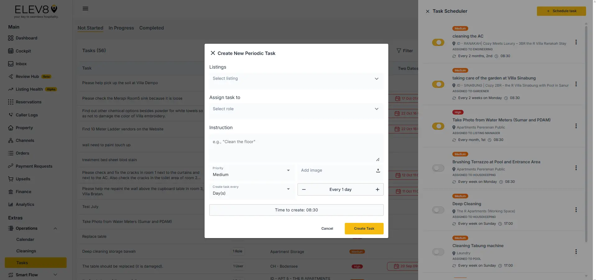 ELEV8 Create New Periodic Task interface with task scheduler and navigation menu.