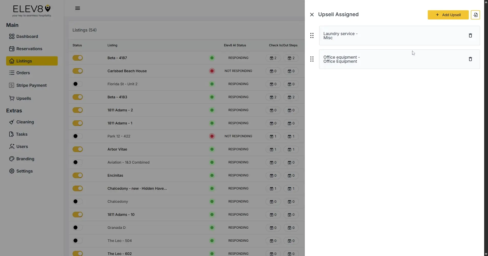 ELEV8 platform Listings and Upsell Assigned panels