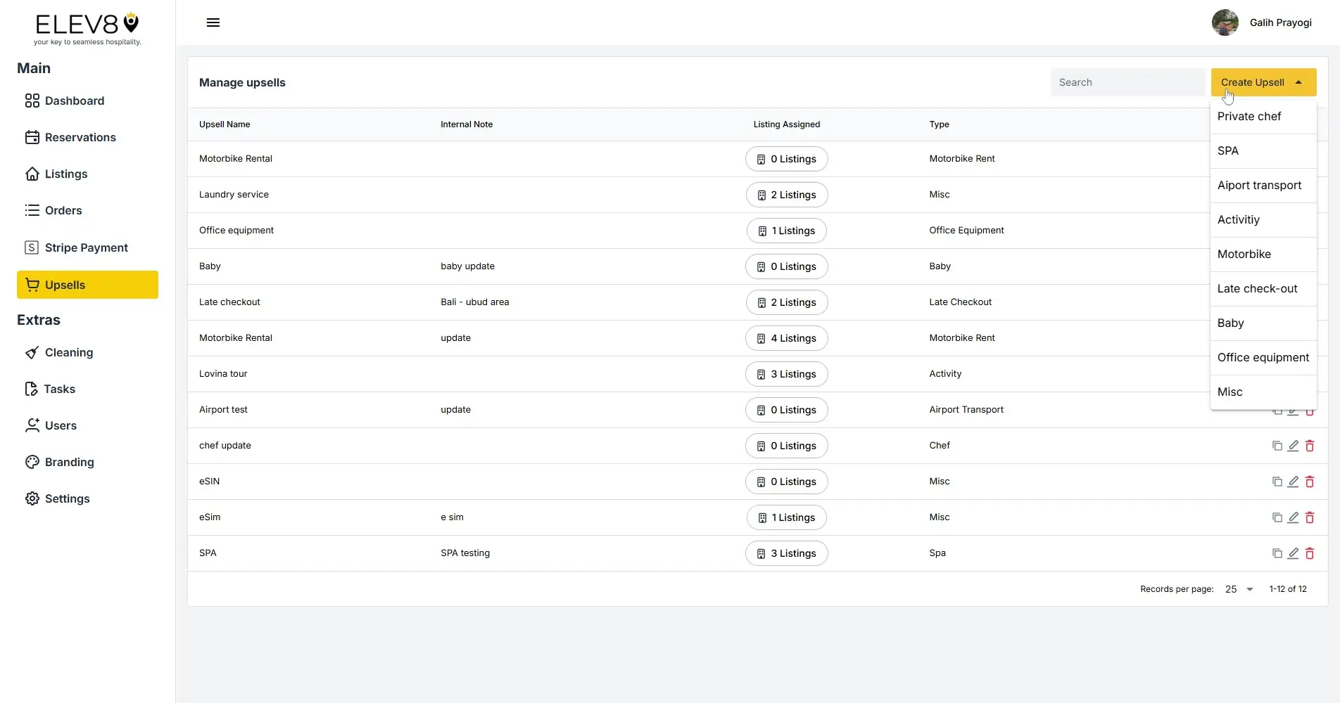 ELEV8 platform Manage Upsells page showing a list of upsells with options to create new ones.