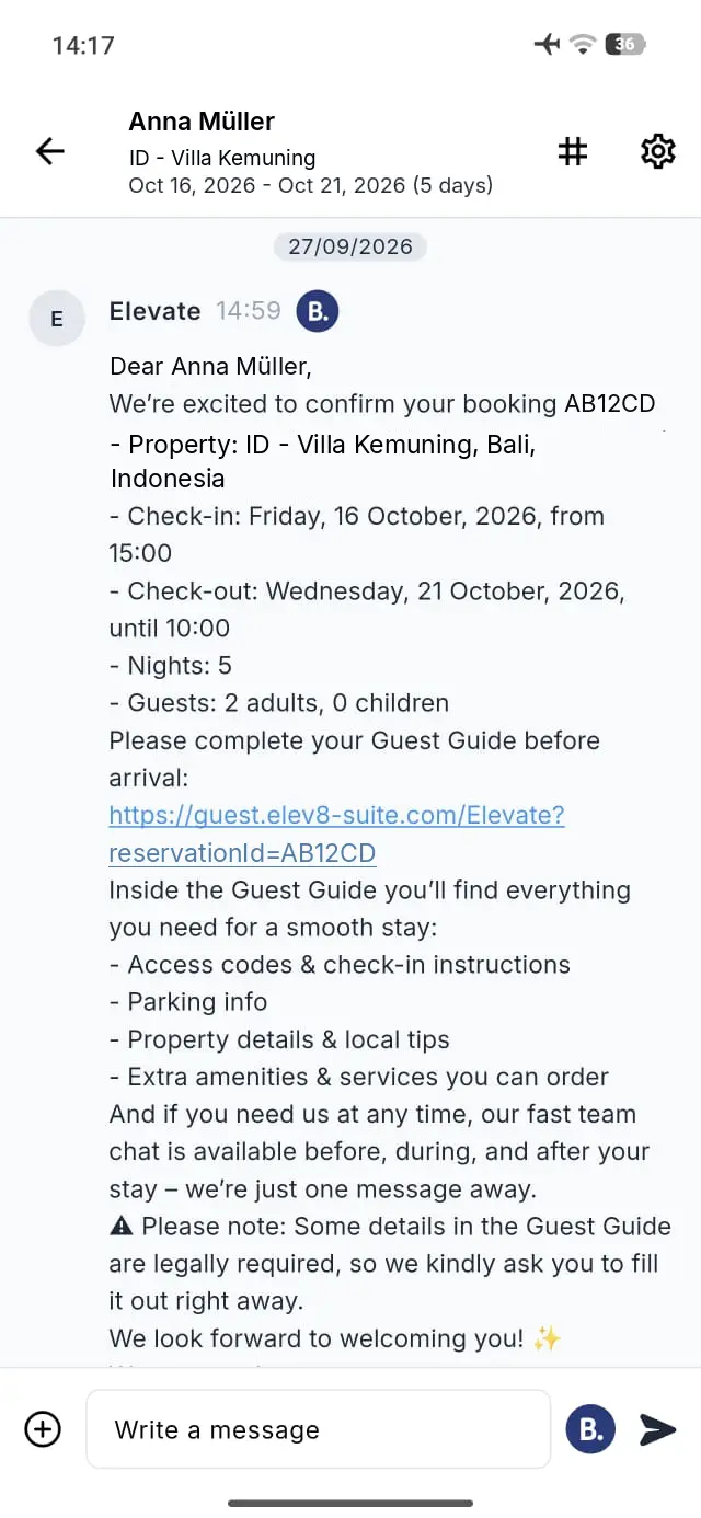 Elev8 Go app inbox message confirming booking at Villa Kemuning