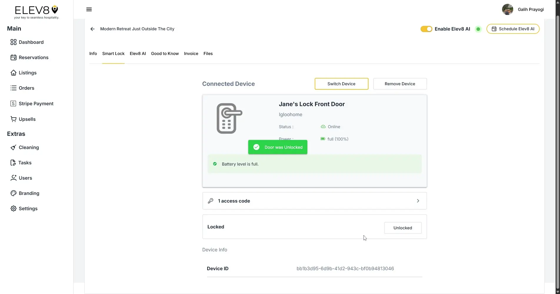 ELEV8 Smart Lock settings page for Jane's Lock Front Door showing device status and options.