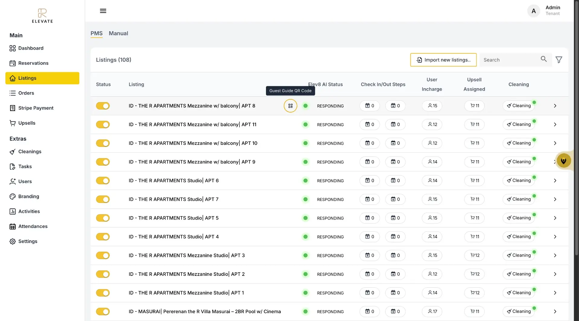 The screenshot displays the Listings page within the ELEV8 product, showcasing a list of properties with details such as status, listing name, and cleaning status.