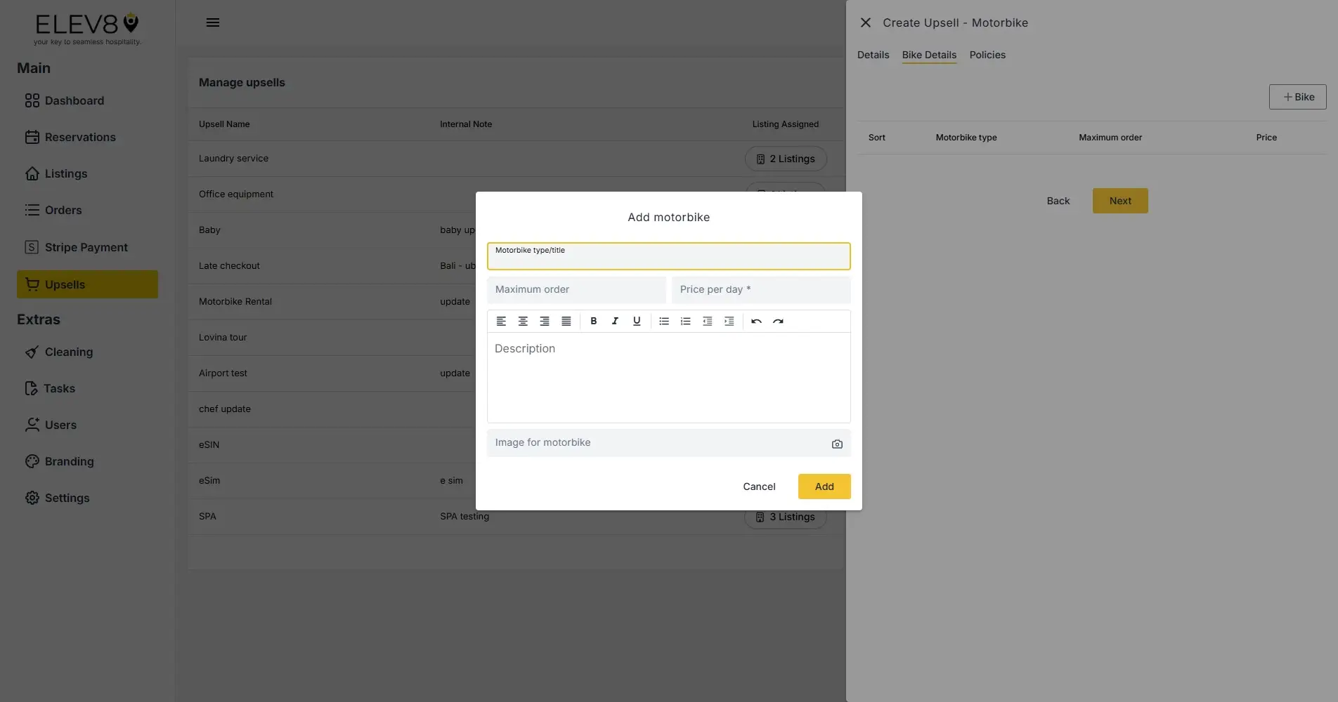ELEV8 platform screenshot showing the 'Add motorbike' dialog in the Upsells section.