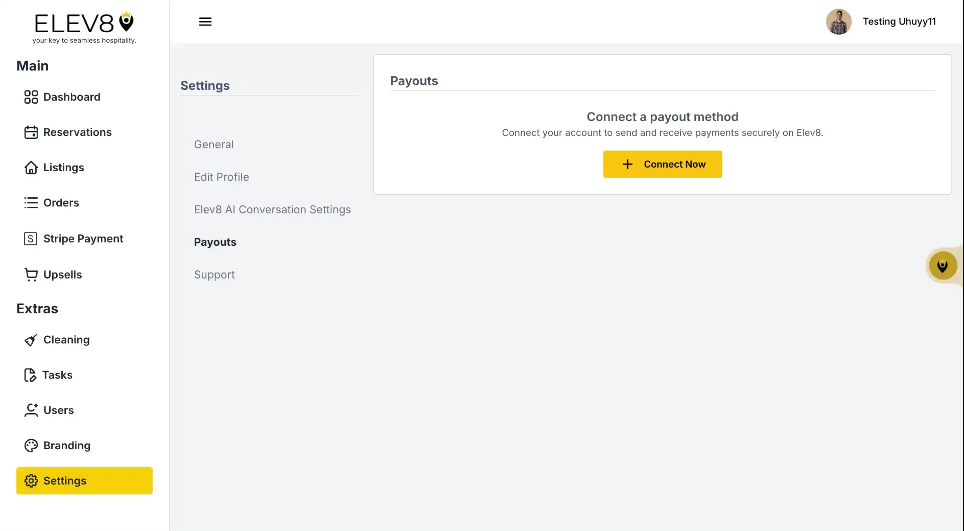 ELEV8 platform settings page showing payout connection prompt.
