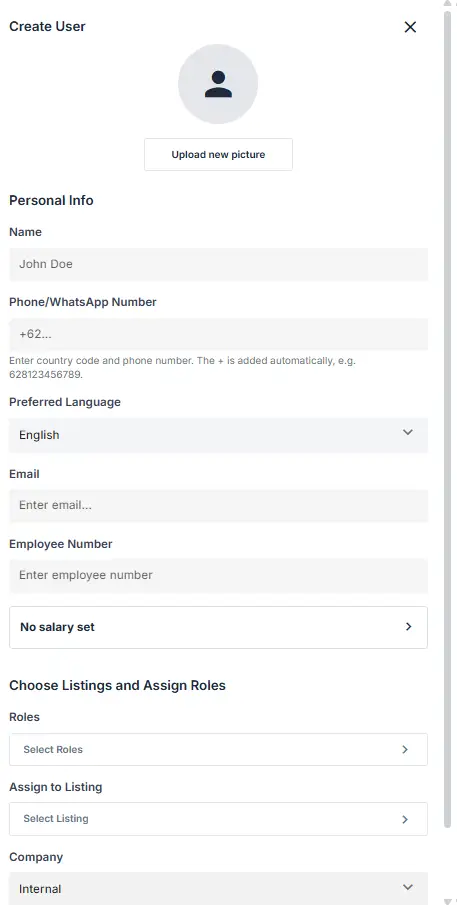ELEV8 Create User screen for adding a team member with fields for personal info and role assignment.