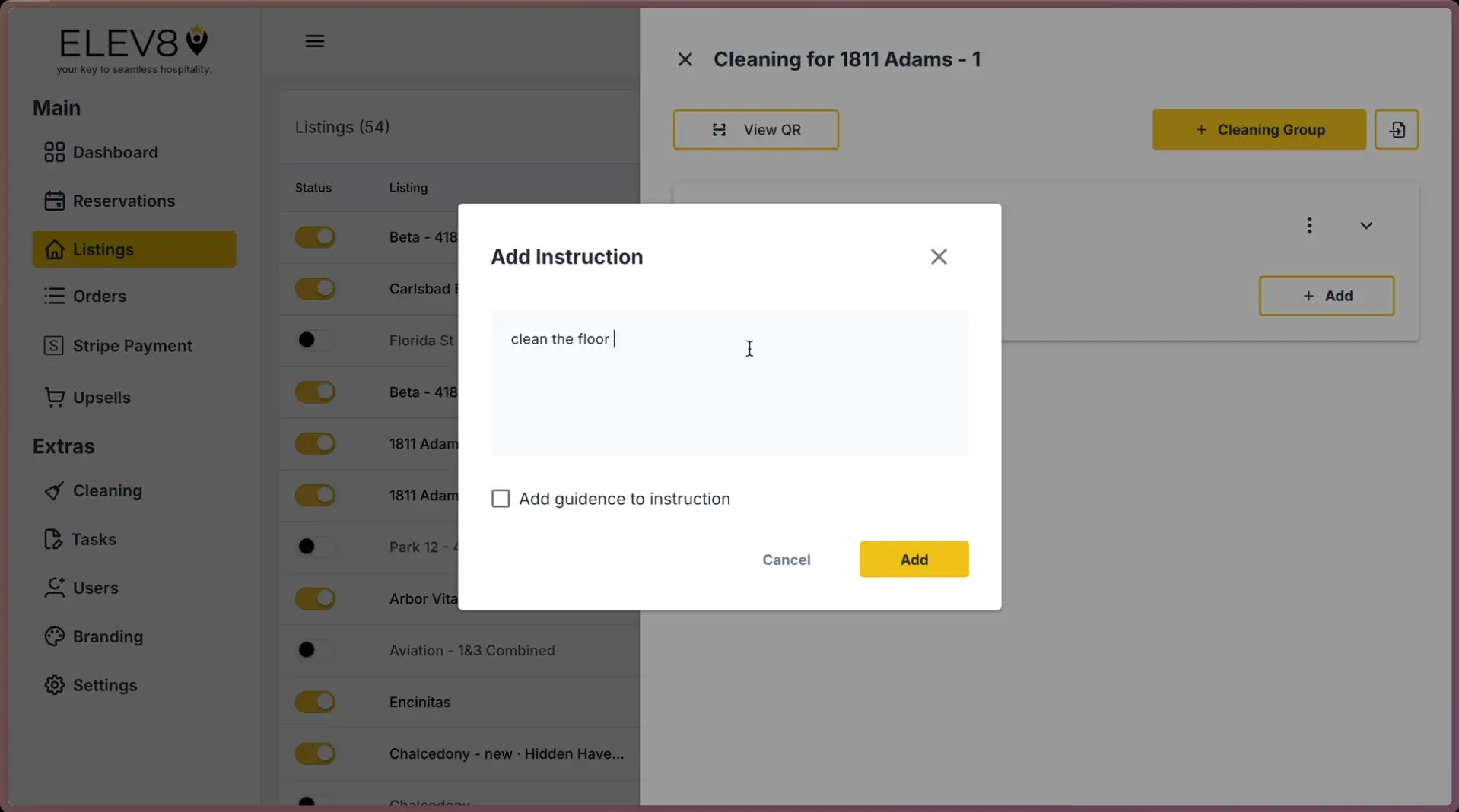ELEV8 application interface showing 'Add Instruction' pop-up for cleaning tasks in the Listings section.