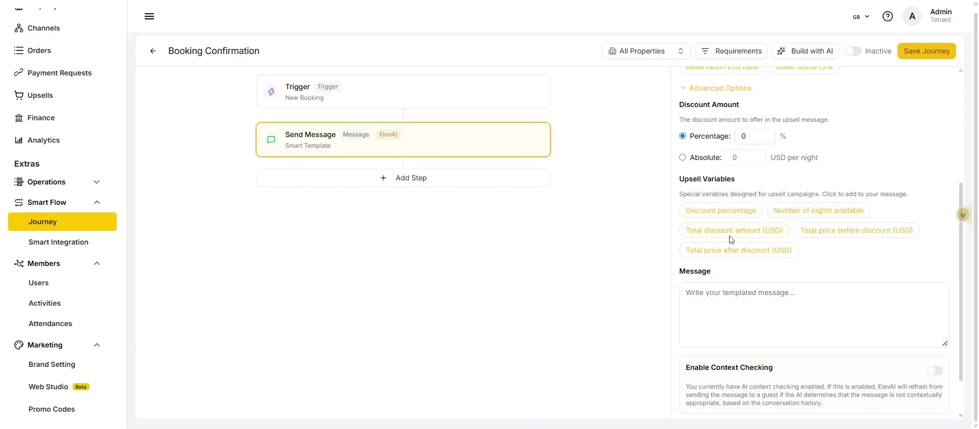 The user is configuring a booking confirmation journey in ELEV8. They are setting up a message step with an upsell option and have enabled AI context checking.