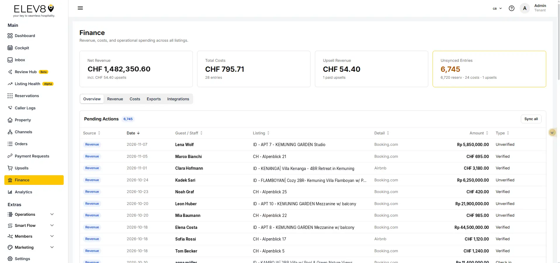 ELEV8 Finance screen showing revenue, costs, and pending actions with navigation tabs and sidebar.