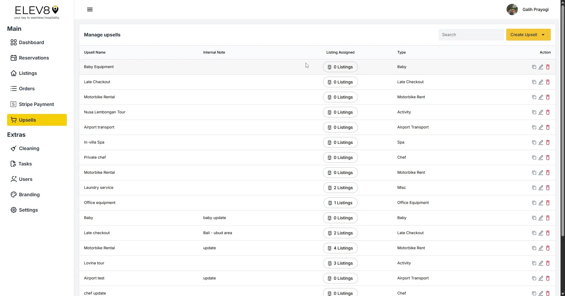 ELEV8 Manage Upsells page showing a list of upsell options with columns for name, internal note, listings assigned, and type, along with action buttons for each entry.