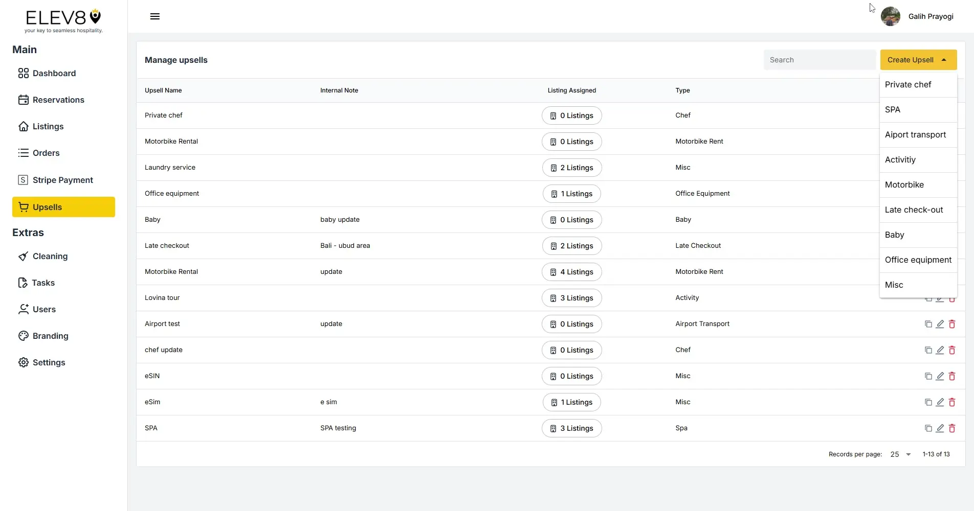 ELEV8 platform Manage upsells page showing a list of upsells with options to create new upsells.