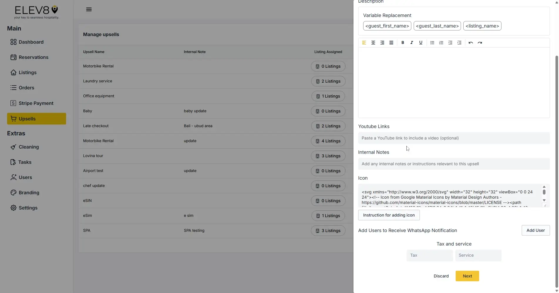 ELEV8 platform Manage Upsells screen with navigation menu and upsell management form.