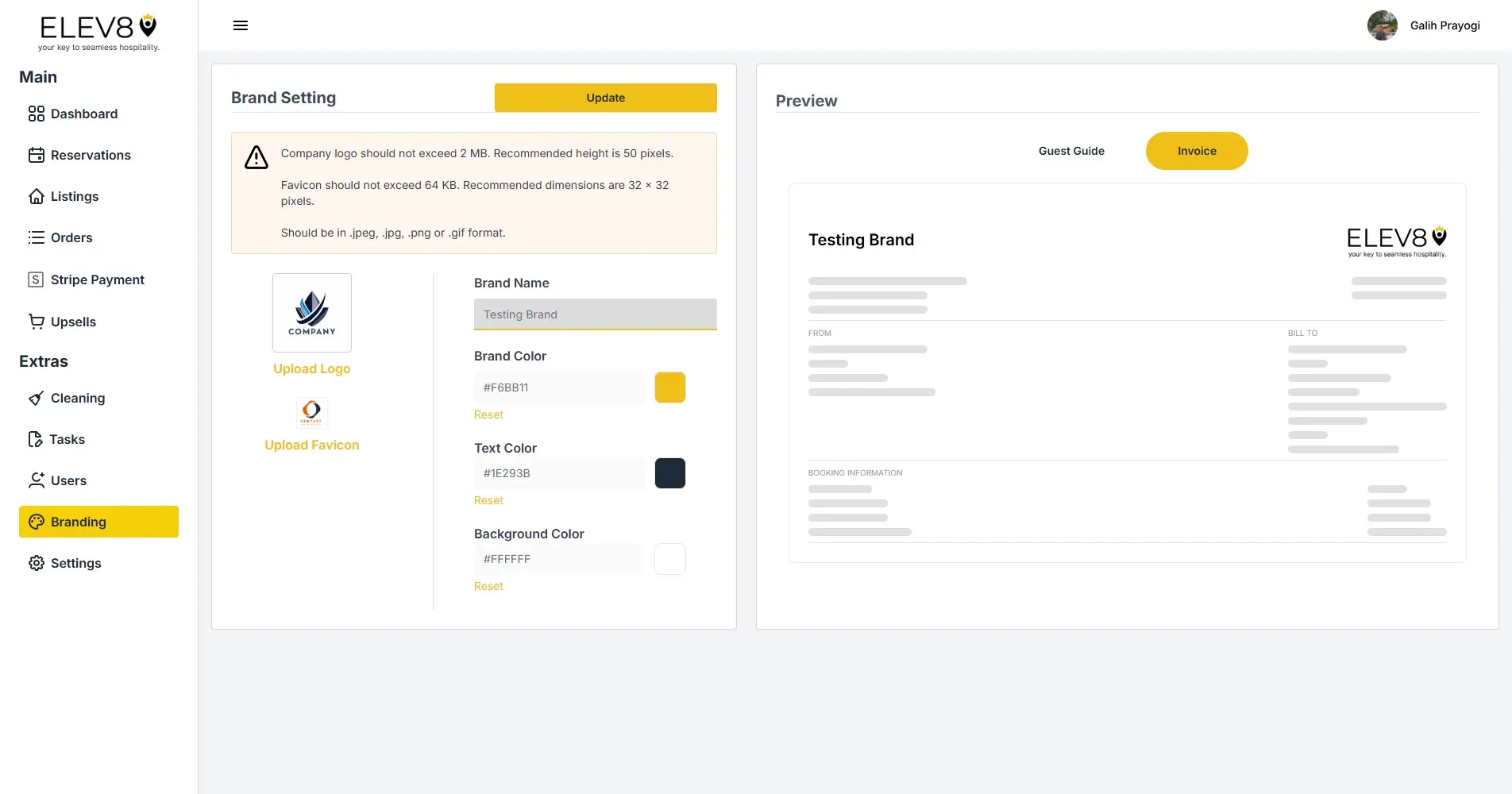 ELEV8 Branding settings page with options to upload logo and favicon, set brand name, and customize colors, alongside a preview of branding on an invoice.