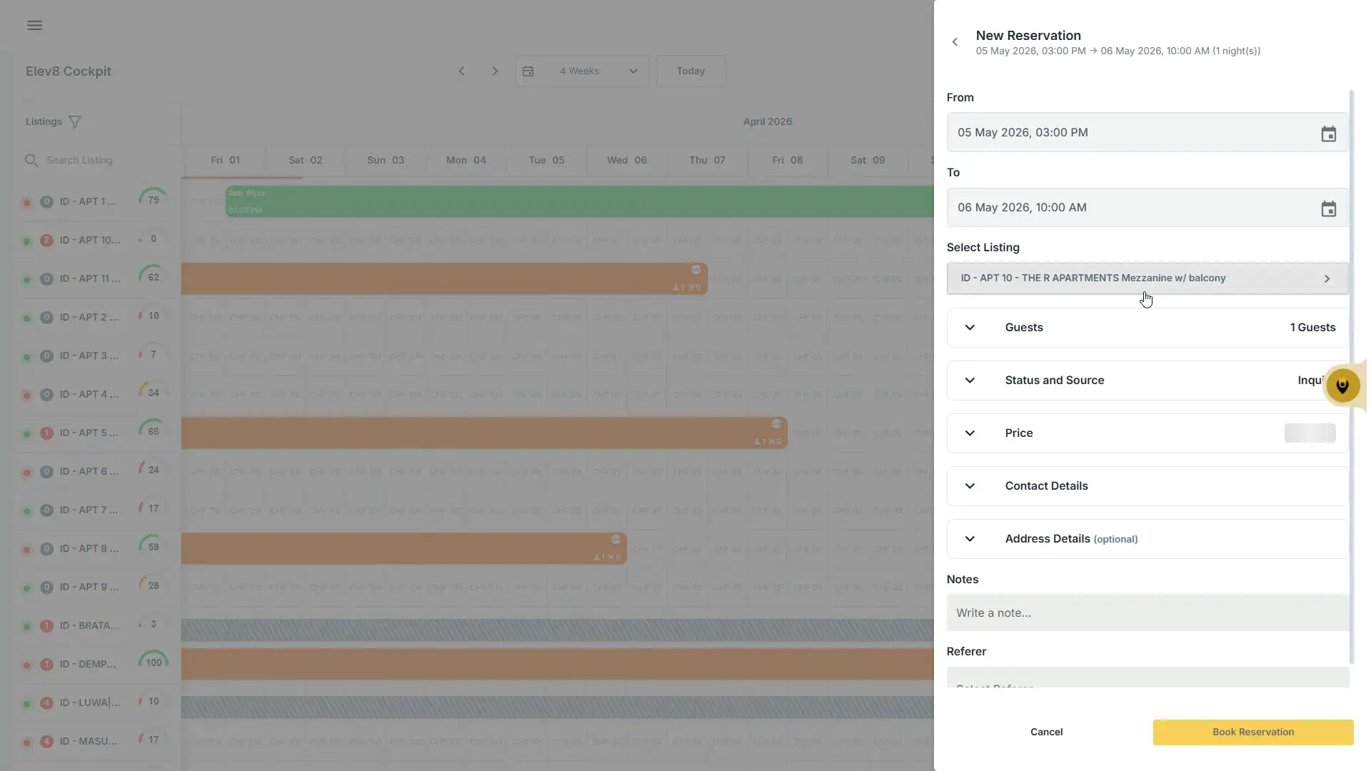 The user is creating a new reservation in the Elev8 Cockpit. They have selected the dates, time, and listing for the reservation. The next steps involve filling in guest details, status, price, contact information, and any notes before booking.