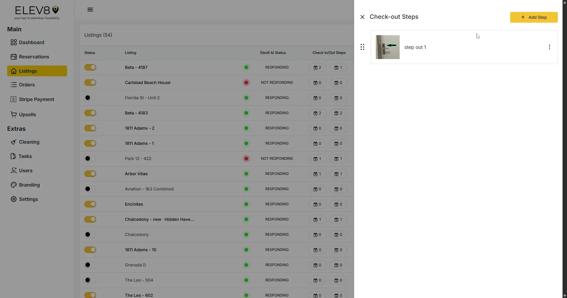 ELEV8 platform interface showing property listings and check-out steps management.