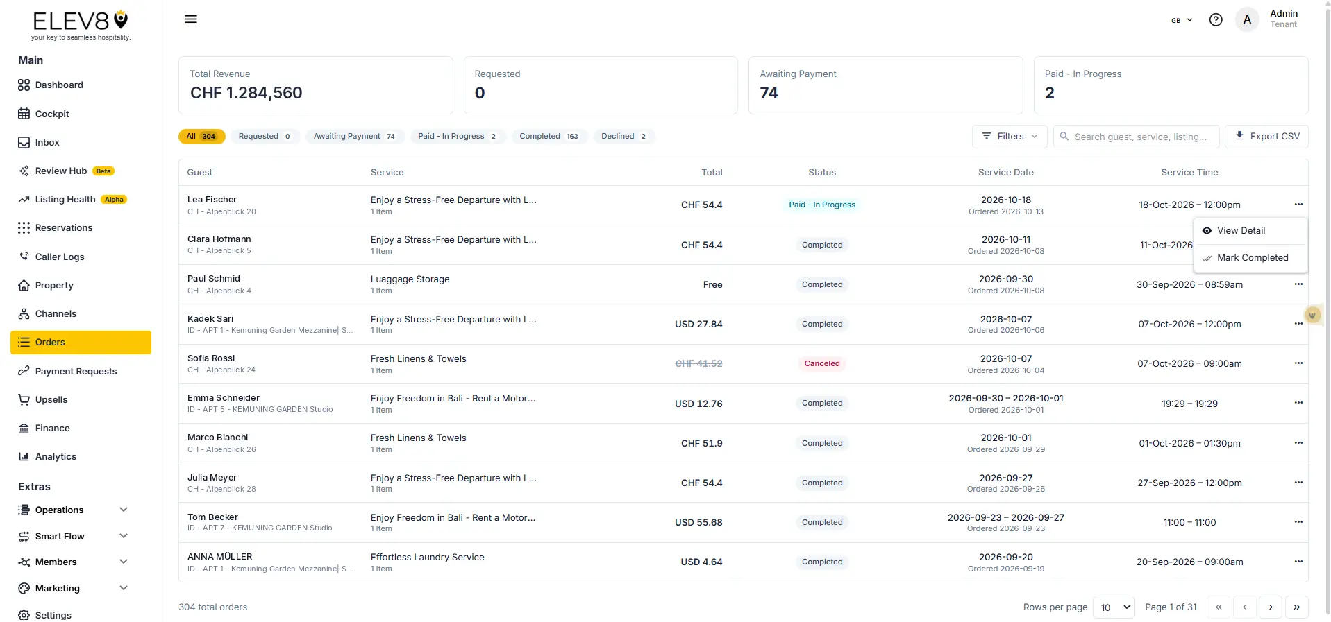 ELEV8 Orders section showing order statuses and details with navigation menu.