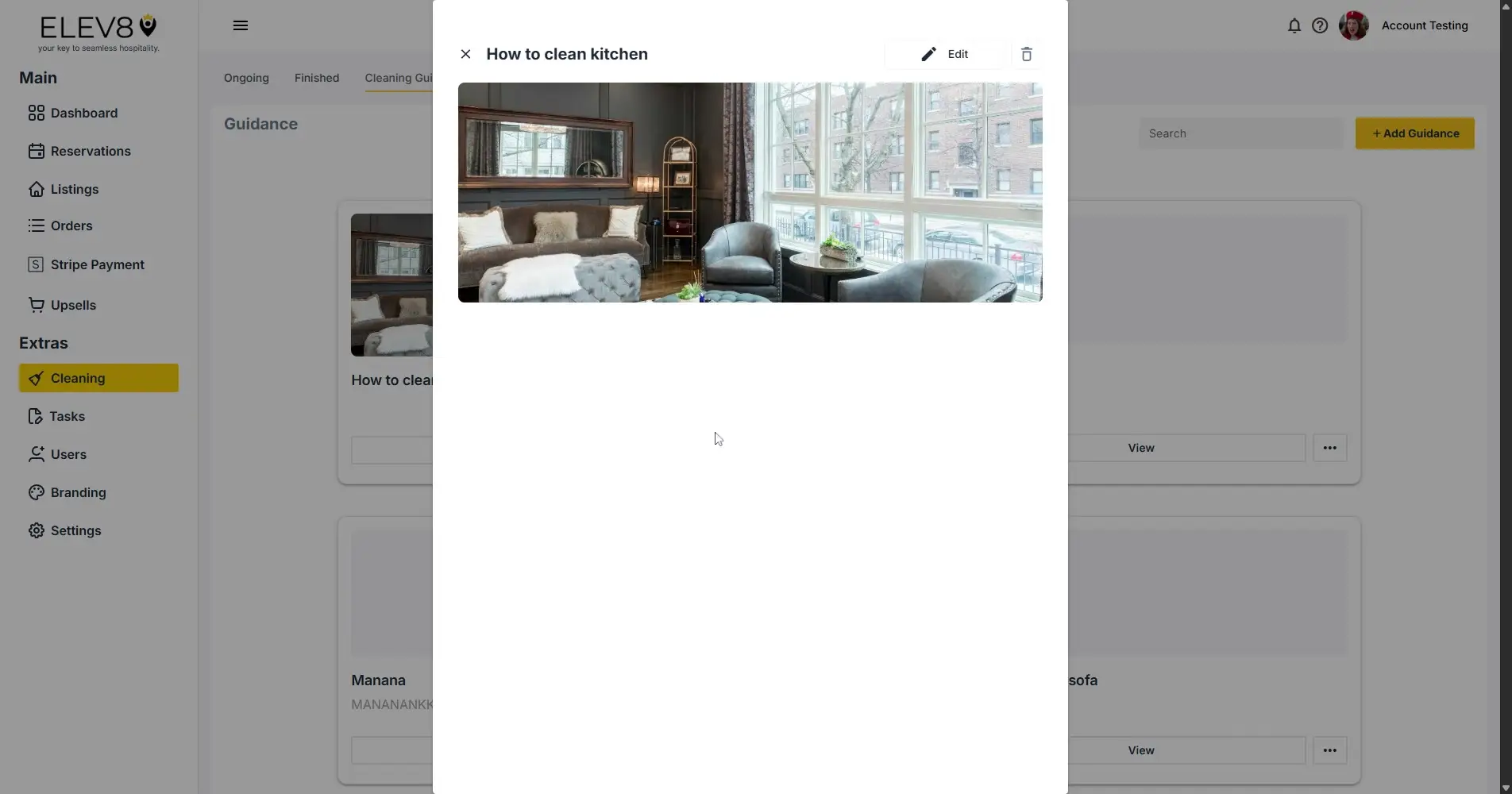 ELEV8 Cleaning Guidance article view for 'How to clean kitchen'.