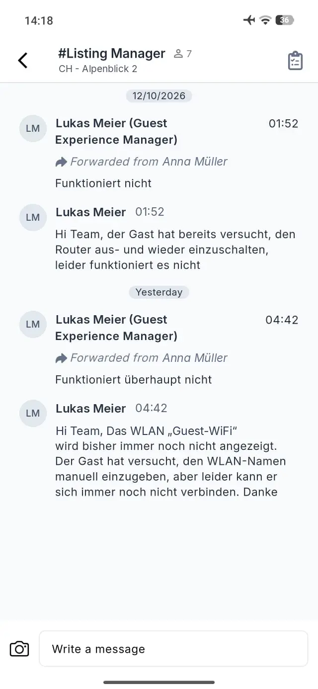 Elev8 Go app inbox screen for Listing Manager at CH - Alpenblick 2 showing messages from Lukas Meier.