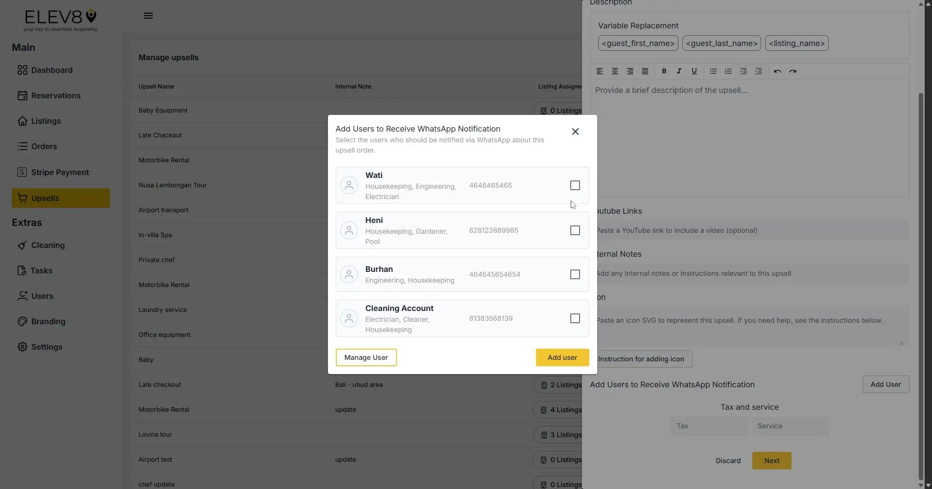 ELEV8 platform upsells management screen with WhatsApp notification user selection modal.