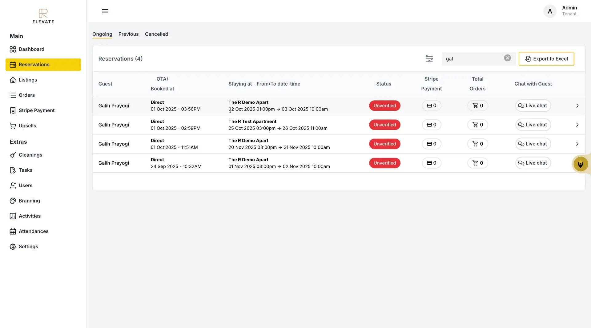 The screenshot displays the Reservations section of the ELEV8 product, showing a list of reservations with details like guest name, booking date, stay dates, status, and options for Stripe payment and live chat.