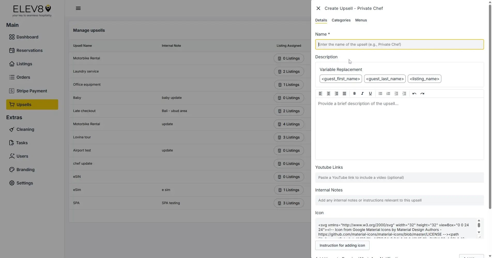 ELEV8 platform Manage Upsells and Create Upsell form interface.